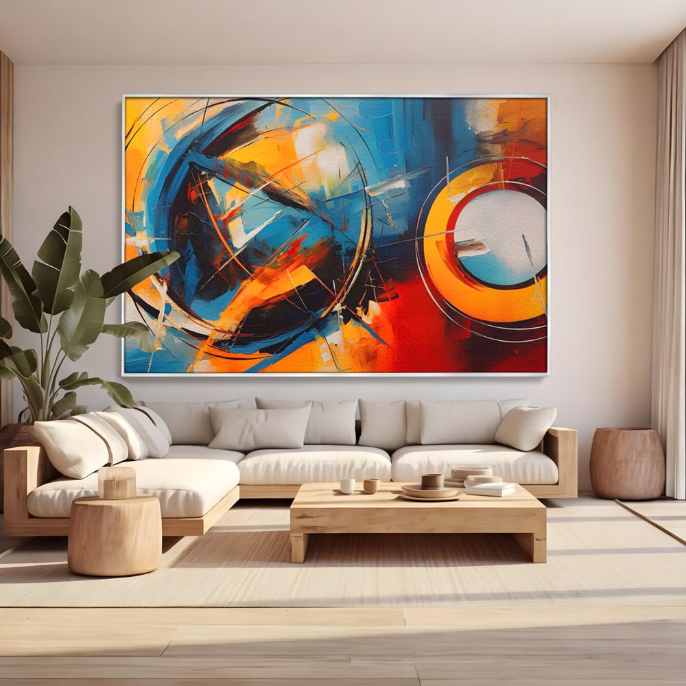 Tablou canvas cu pictura abstracta cu cercuri si linii, in rama de aluminiu argintiu, pe perete intr-un living